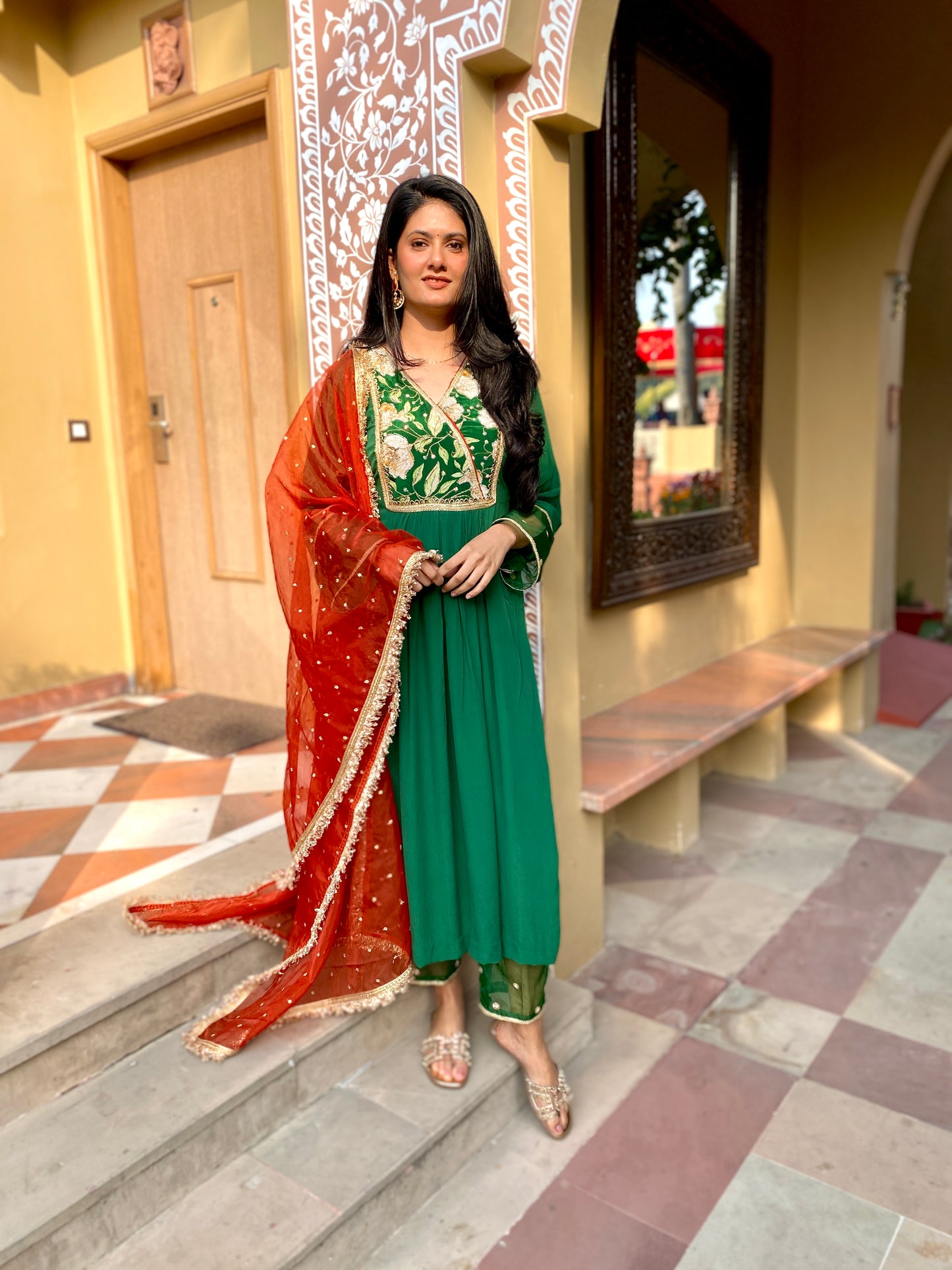 Green crepe embroidered suit