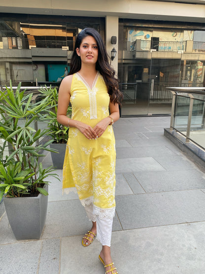 Yellow Cotton Lace kurti with lace