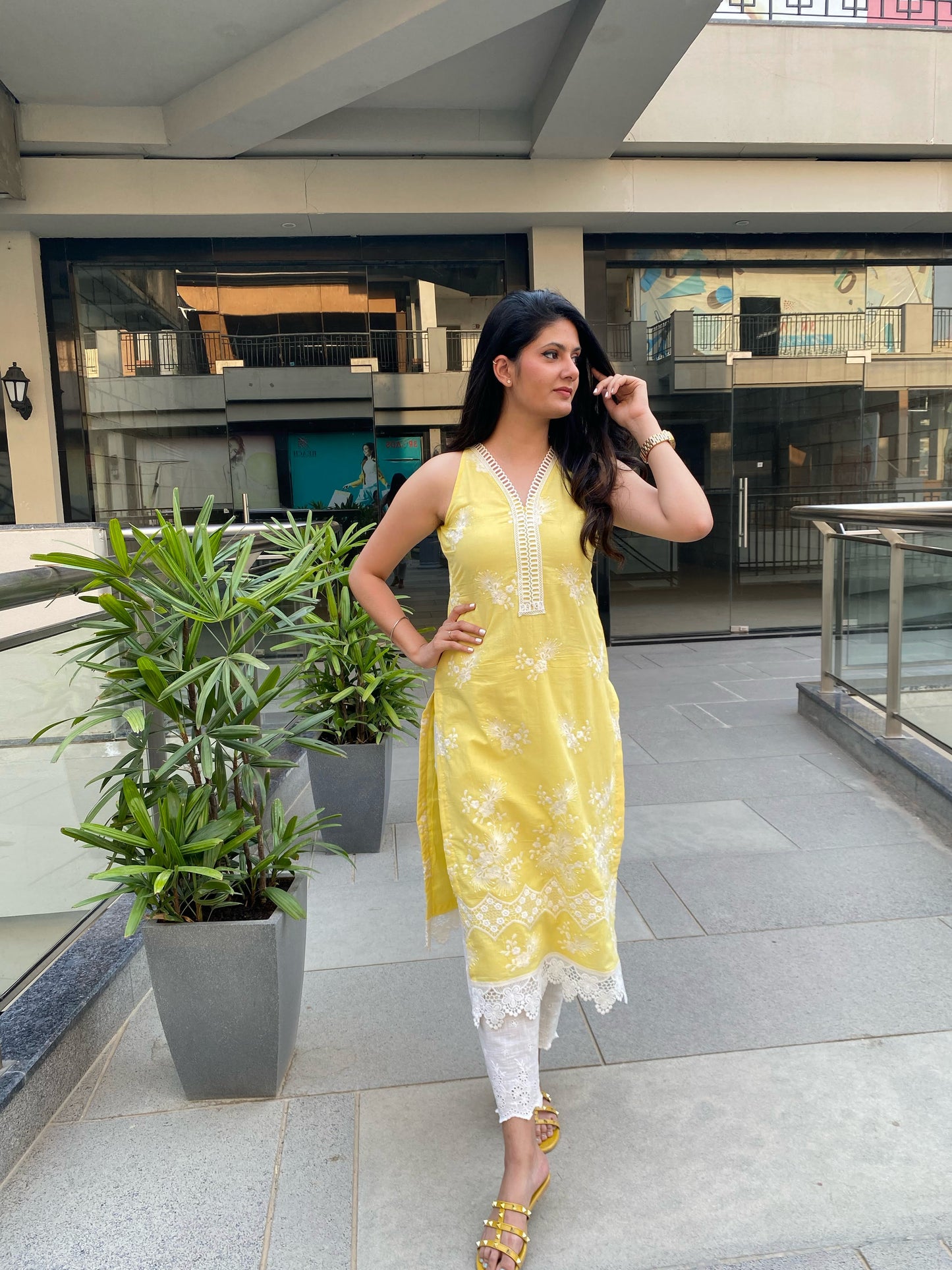 Yellow Cotton Lace kurti with lace