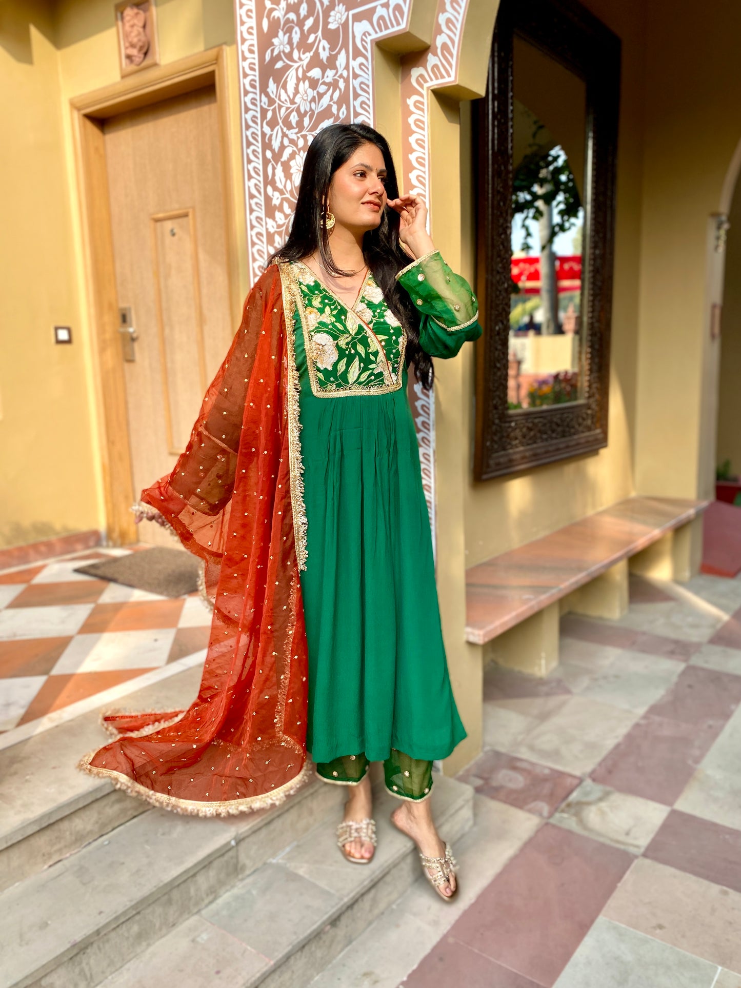 Green crepe embroidered suit