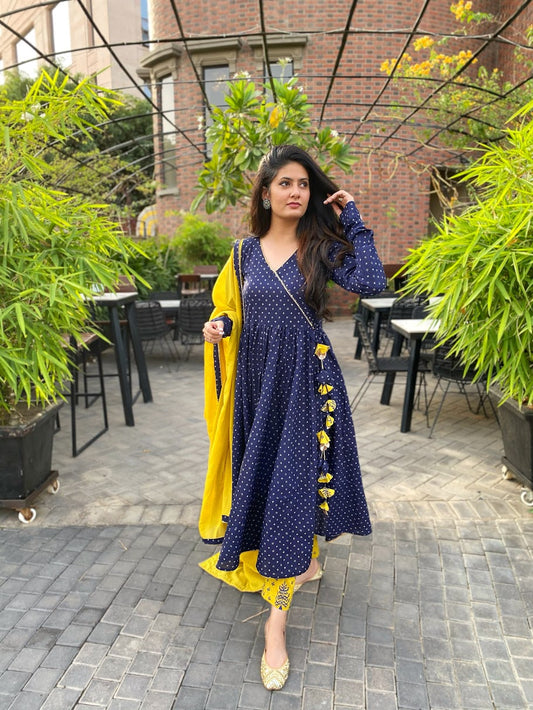 Blue and Yellow cotton Anarkali set