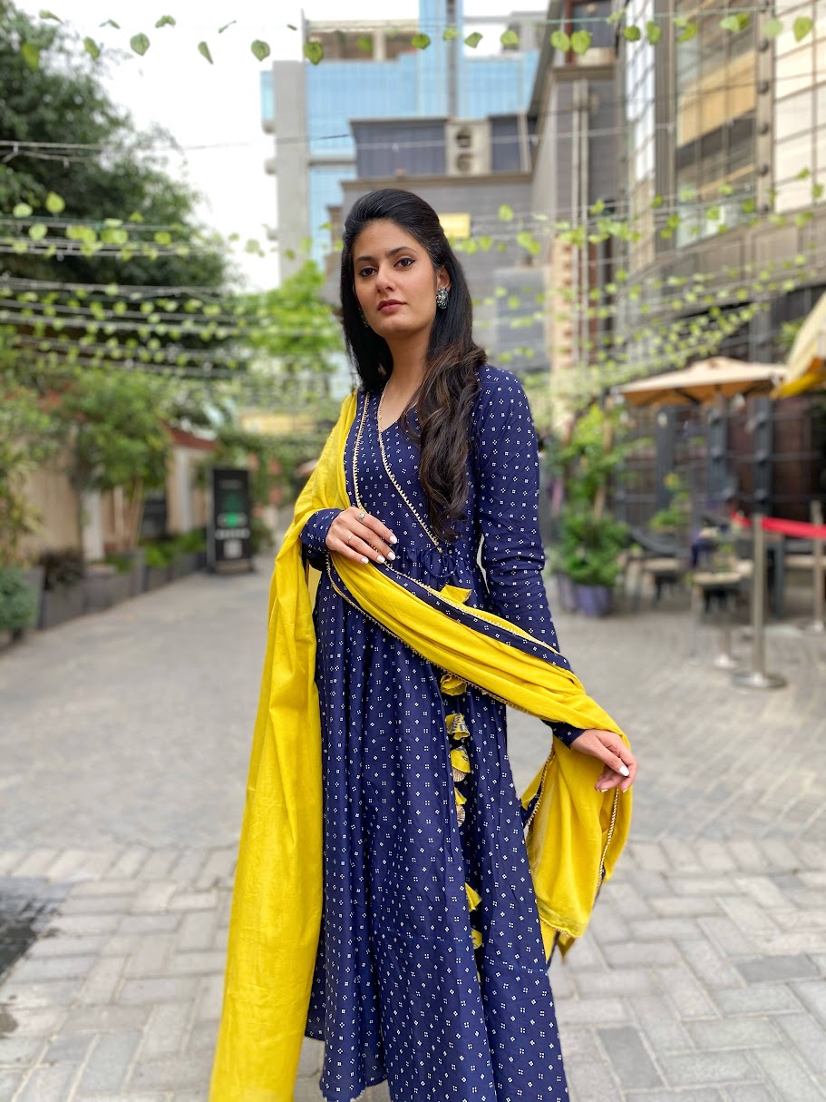 Blue and Yellow cotton Anarkali set