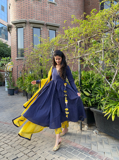 Blue and Yellow cotton Anarkali set