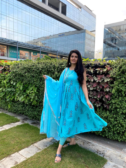 Aqua Block Print Anarkali Set