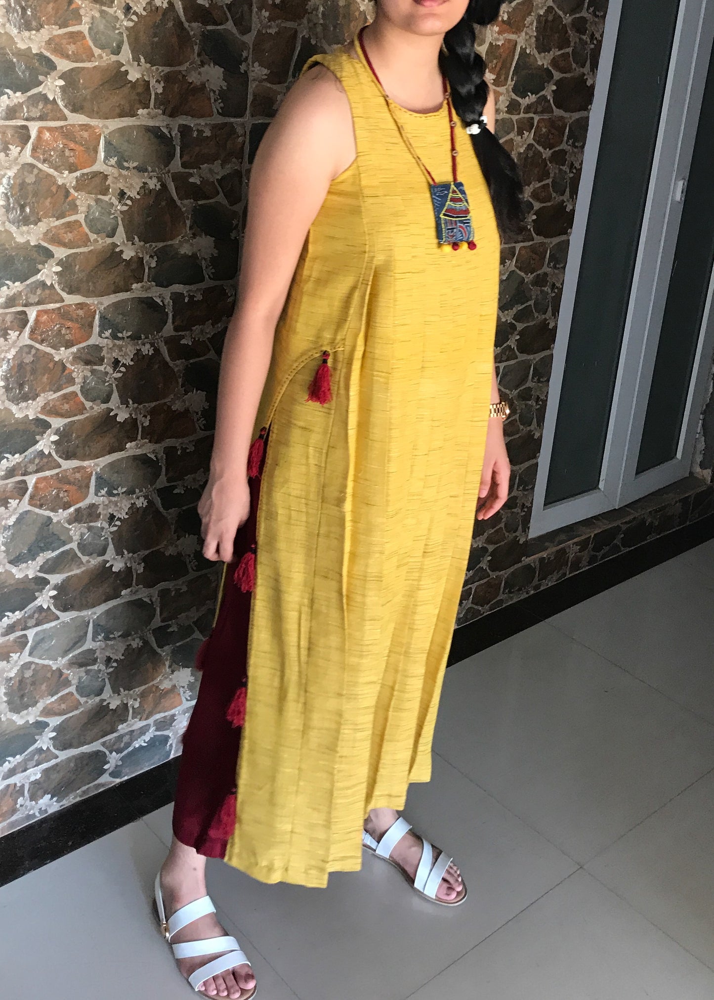 Yellow Khadi Pleated Kurta Set