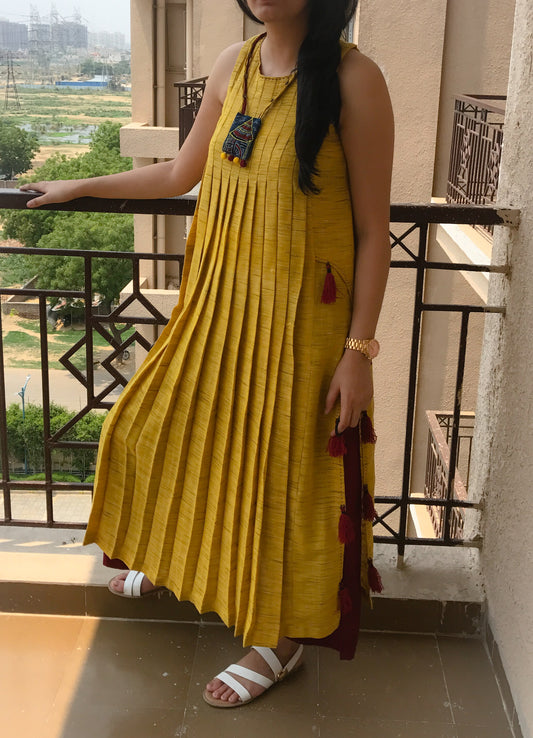 Yellow Khadi Pleated Kurta Set