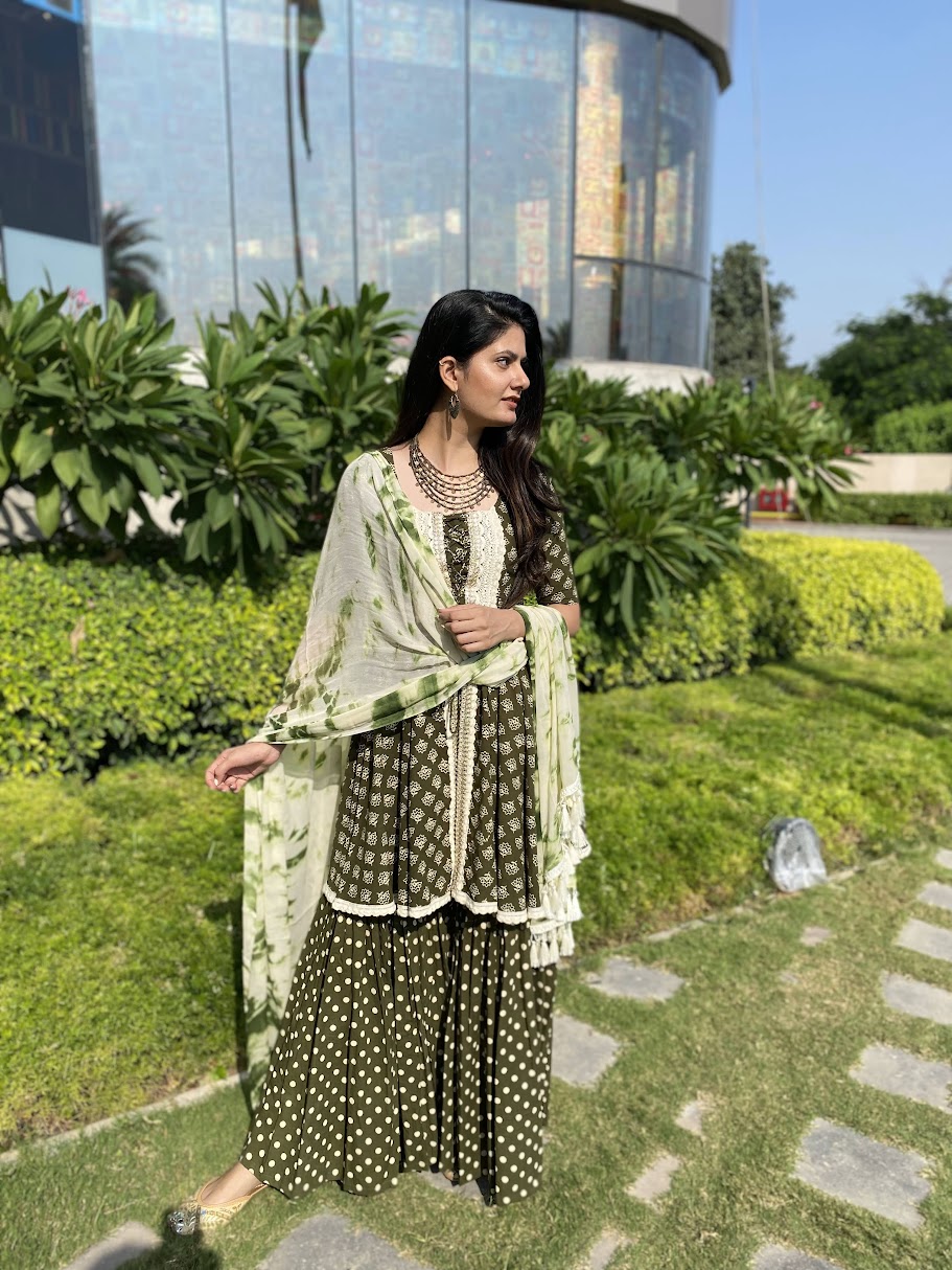 Green Block Printed Sharara set