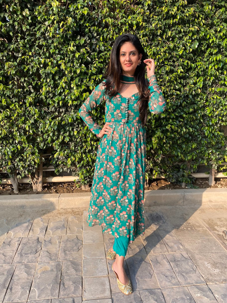 Green Floral Georgette Suit Set