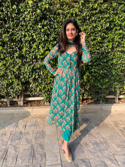 Green Floral Georgette Suit Set