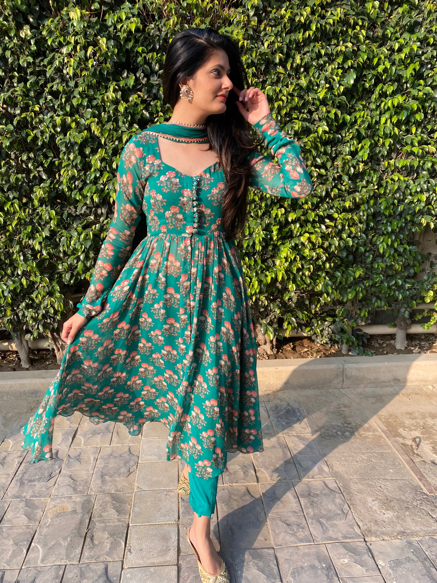 Green Floral Georgette Suit Set