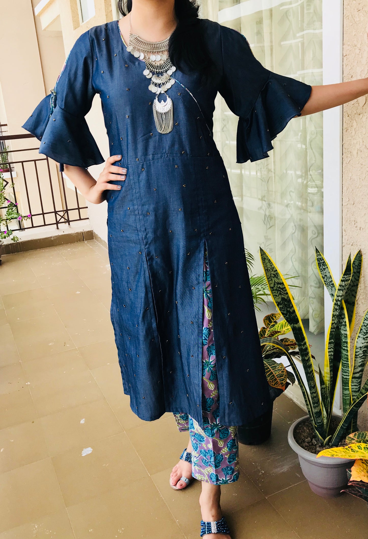 Denim Double Slit Kurta Set