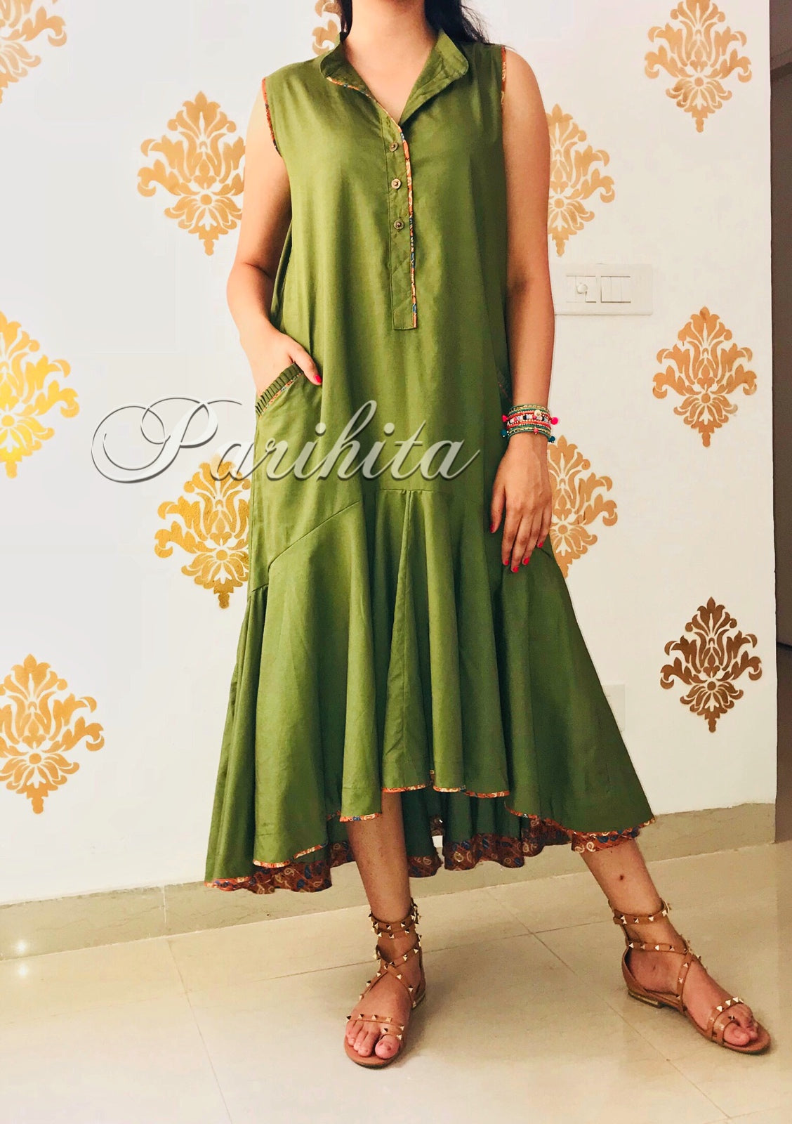 Green Cotton Dress with Stole