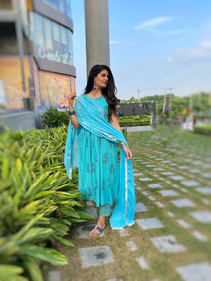 Aqua Block Print Anarkali Set