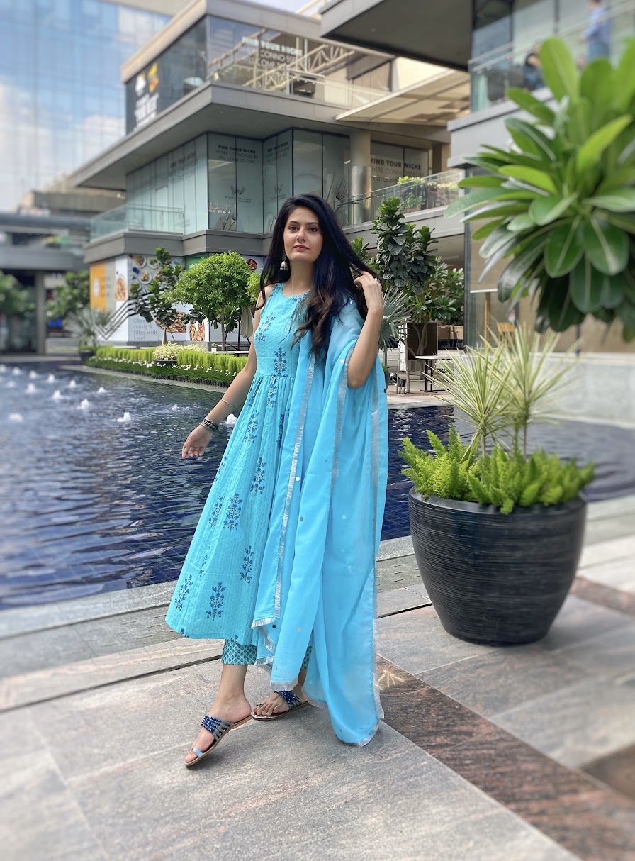 Aqua Block Print Anarkali Set