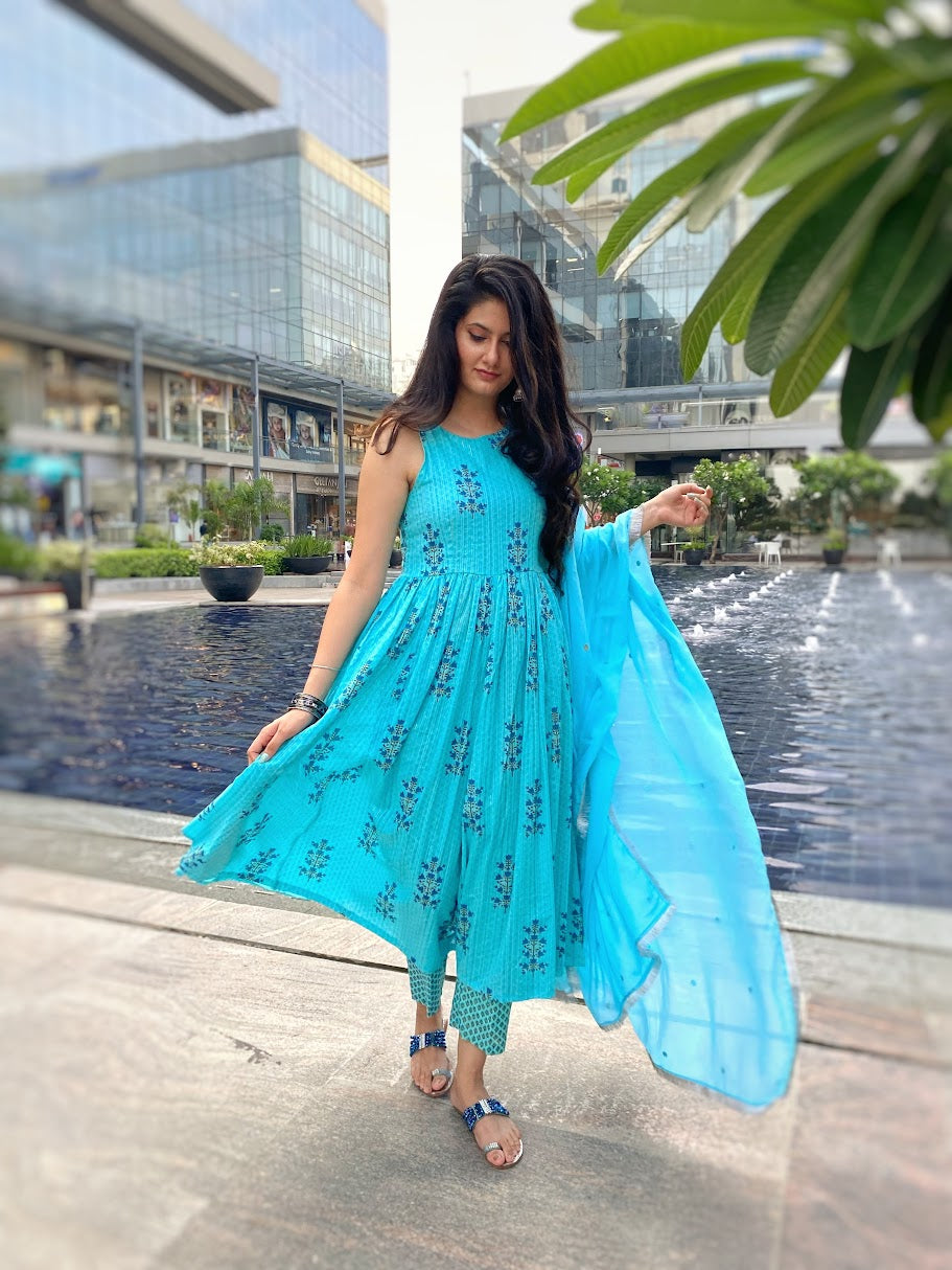 Aqua Block Print Anarkali Set