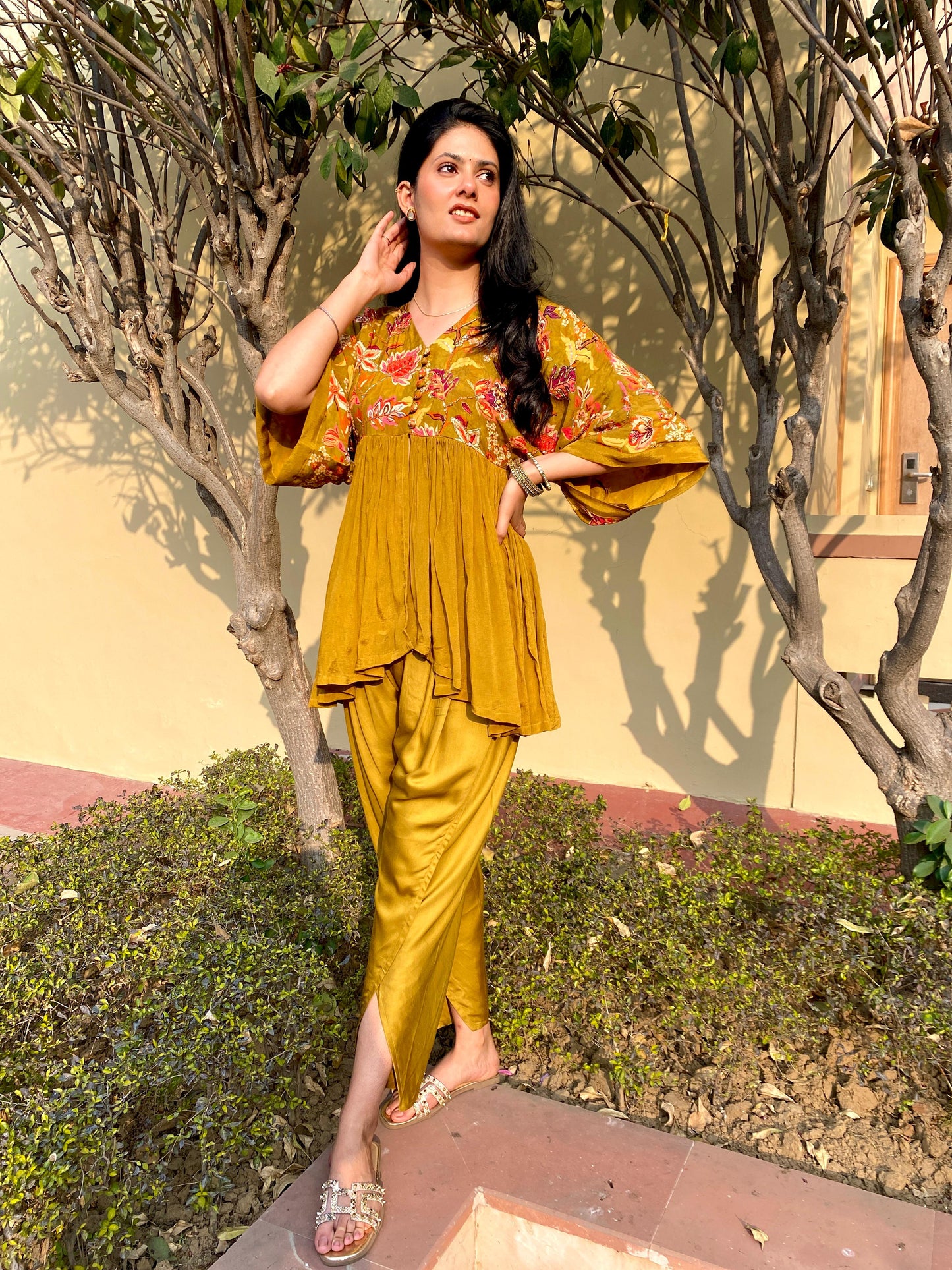 Kaftan style short Kurta with Tulip Pants